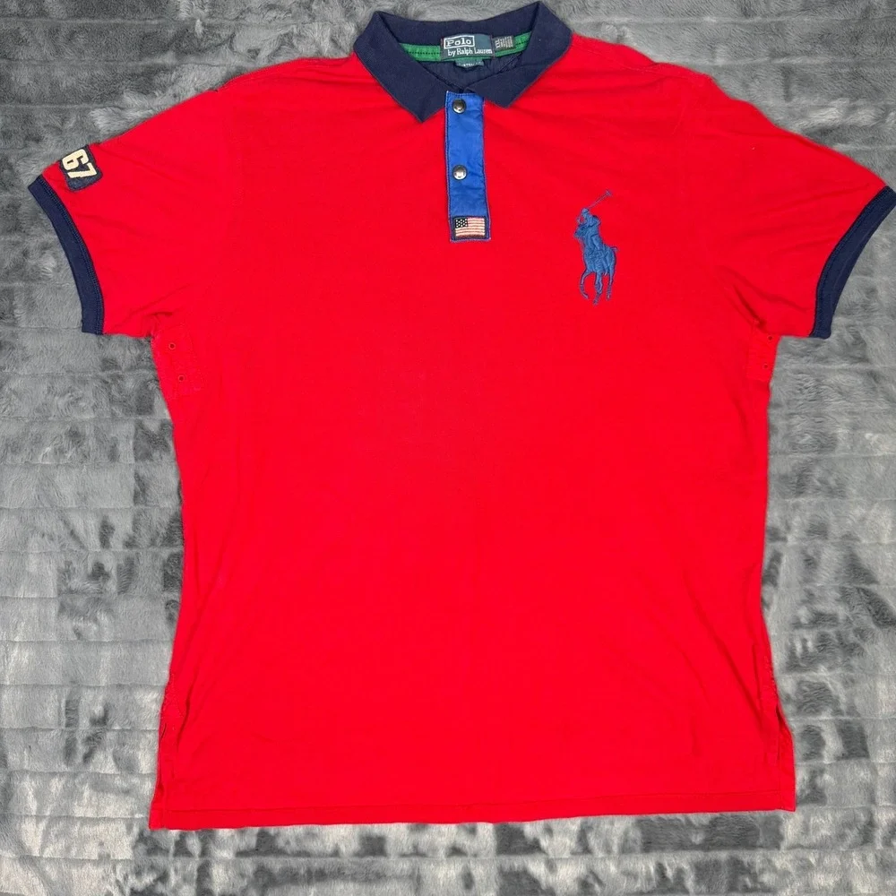 Polo Ralph Lauren Red Big Pony Polo Shirt Mens XXL Custom Fit Navy Trim 67 Patch